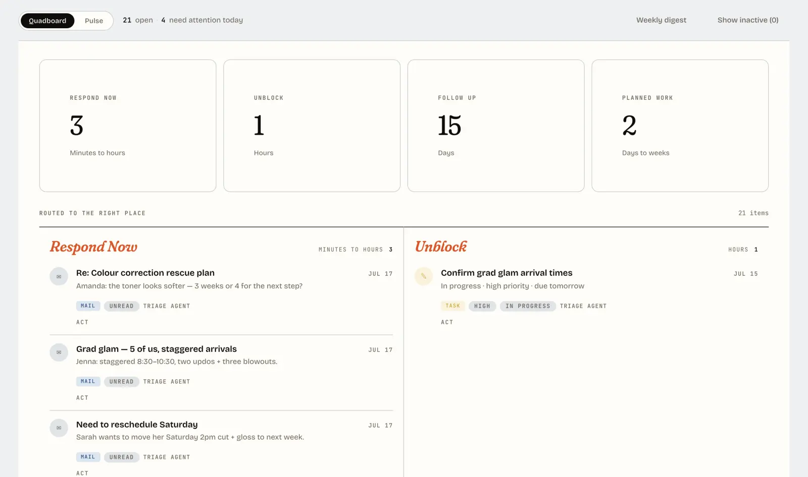 The Mere Ops board groups customer requests and internal tasks by urgency.