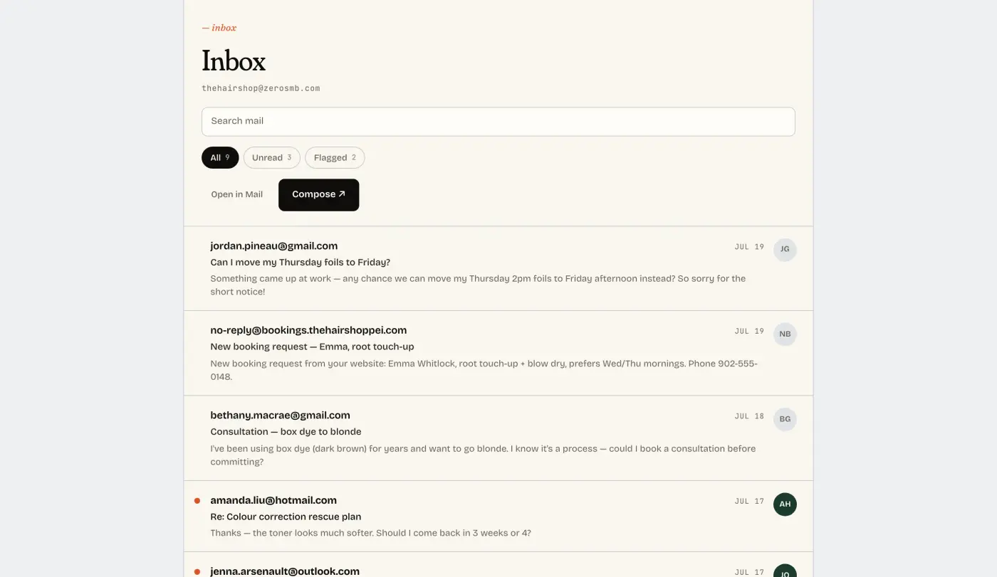 The shared inbox in Mere shows email threads linked to customer records.