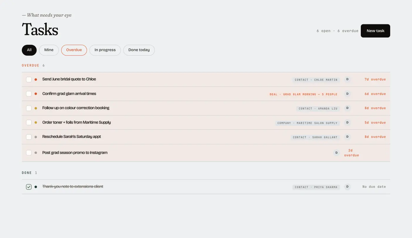 The Tasks page in Mere shows due dates and the person responsible for each action.