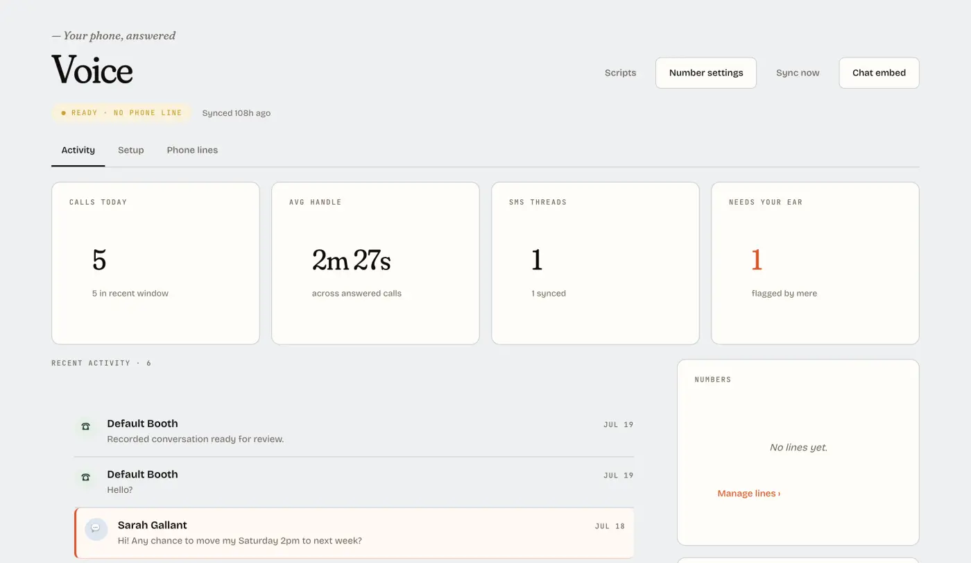 Voice in Mere shows answered calls, transcripts, and follow-up tasks linked to customer records.