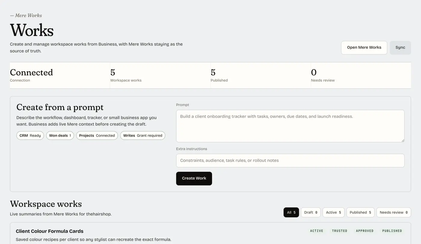 The Works page in Mere lists custom tools for the business.